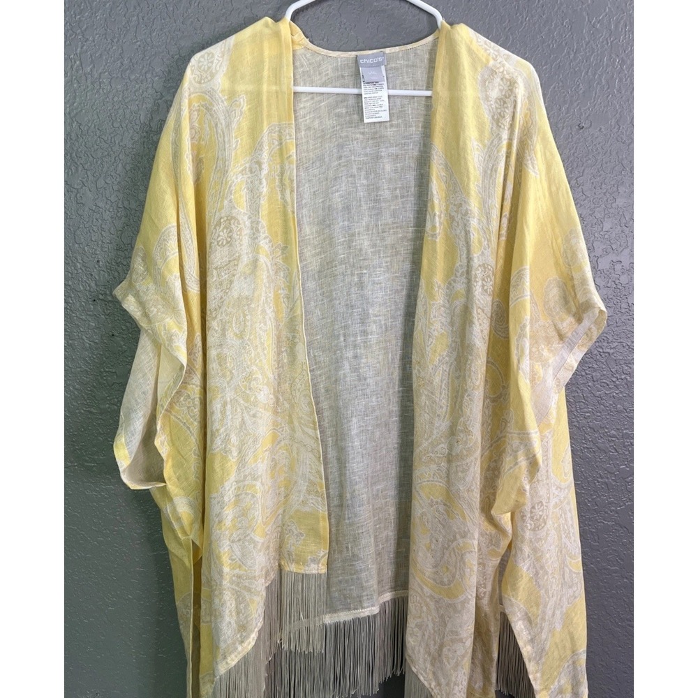 Chicos Linen Poncho Yellow White Sz L/XL Tropical Gauze Beach Fringe Vacation‎